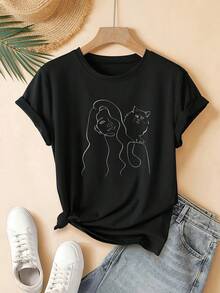 Camiseta unisex de manga corta, camiseta minimalista con diseño de gato y arte lineal femenino para mujer - Blusa de manga corta con cuello redondo - Top compatible| Camisa casual de verano lavable a máquina, adecuada para atuendos informales, esencial para un guardarropa básico y elegante.playeras hombre,spiderman,, mujer,romwe men,boho chic,maestras regalos,camiseta para mujerconjuntos curvy para mu,y2k - Negro - Ver 1