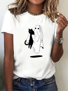 Camiseta Casual para Mujer con Estampado de Gato - Cuello Redondo, Manga Corta, Corte Holgado, Lavable a Máquina para Primavera y Verano, Blanca con Patrón Negro, Adecuada para Uso Diario. |   Camiseta Divertida con Estampado |   Material no transparente, camiseta con temática de gatos. Top cómodo y versátil de manga corta. - Blanco - Ver 3