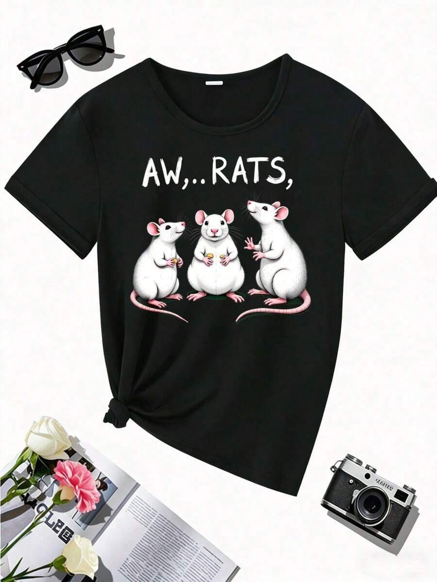 Y2K Heavyweight Wo Cropped T-Shirt With 3 White Rat Print - Crew Neck Cropped Top, Machine Washable Medium Stretch Fabric For Layering And Casual Outfits - Cute Graphic Tee, Hit Of . - 黑色 - 查看 1