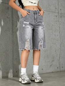 Petite Women's Classic Washed Denim Jeans With Cutout Design, Suitable For Beach Wear Casual Summer - Light Grey - View 5