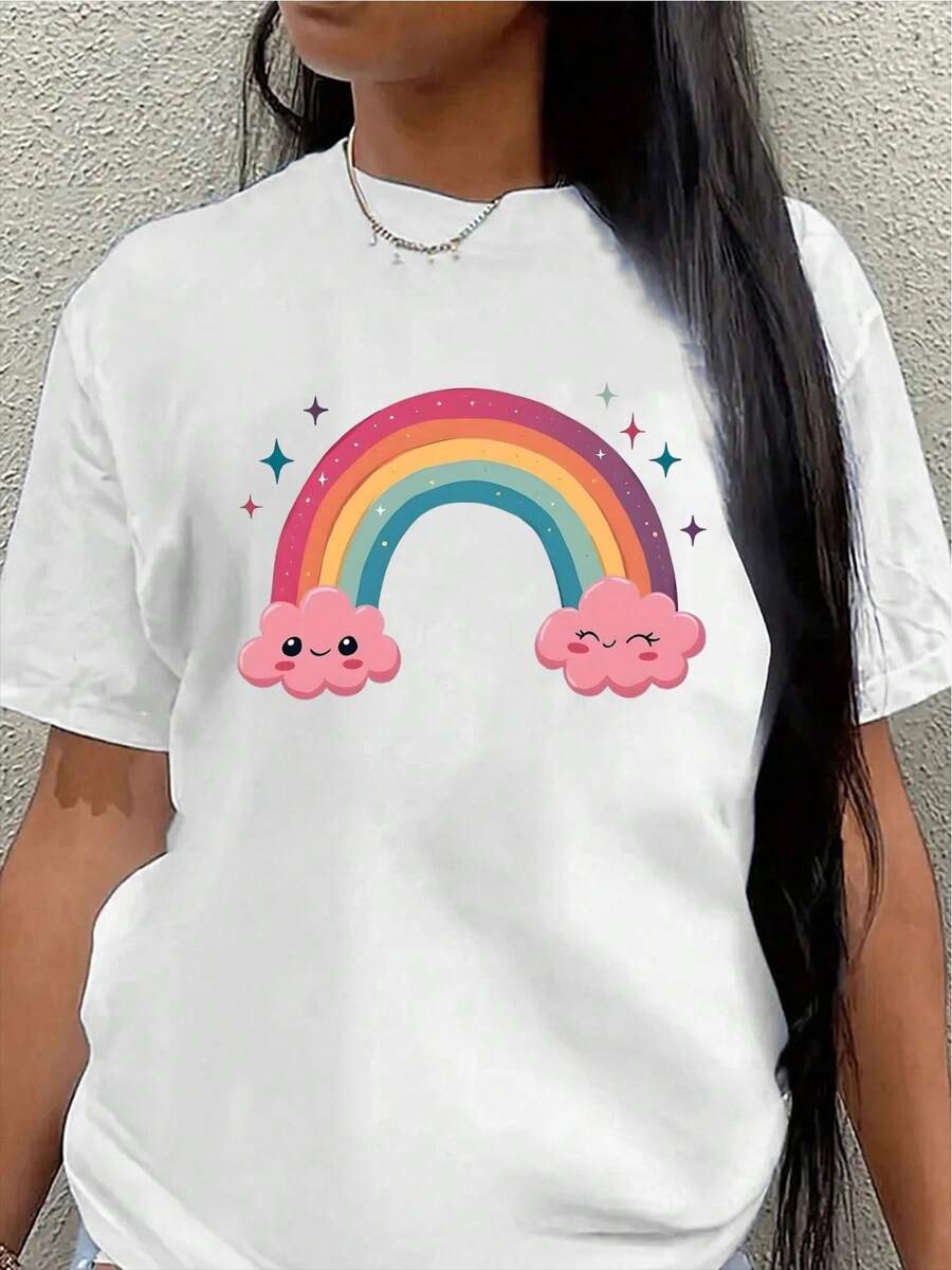Short-Sleeved Polyester T-Shirt, Decorated With Cute Rainbow And Cloud Patterns, Lightweight And Durable, Suitable For Casual Wear At Home Or Outdoors, An Ideal Choice For Comfortable Everyday Wear In The Living Room Or A Coffee Shop. Women's Casual Blouse - 白色 - 查看 1