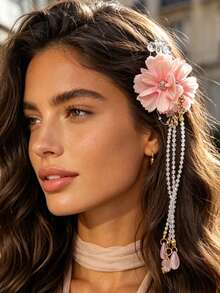 1pc Delicate Faux Tassel Flower Hair Clip, Bridal Headpiece Hair Accessory, Floral Hair Clip Suitable For Women, Versatile Vacay Beach Claw Clips - Multicolor - View 6