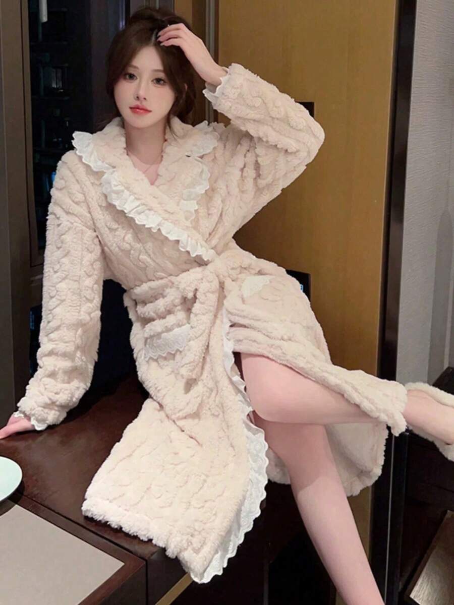 Lace Trim Robe, Tie Waist Bathrobe, Comfortable Coral Fleece Material, Soft Plush Long Robe, Thick Kimono Robe, Warm Loungewear Jacket, Sexy Lace Trim Robe - Multicolor - View 1