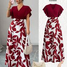 Vestido ajustado y acampanado con volantes y mangas de capa, con estampado de hojas de color rojo burdeos, para primavera/verano - Multicolor - Ver 6