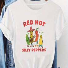 Nueva Camiseta de Moda para Mujer, Cuello Redondo, Oversize, Manga Corta, con Estampado Divertido de Pimientos Antropomórficos Coloridos, RED HOT SILLY PEPPERS, Blanca, Lavable aáquina, para Primavera, Verano y Viajes. Camiseta Casual de Manga Corta Estampada para Mujer, Cuello Redondo, para Uso Diario y Viajes. Diseño versátil de algodón, listo para el verano. - Blanco - Ver 1