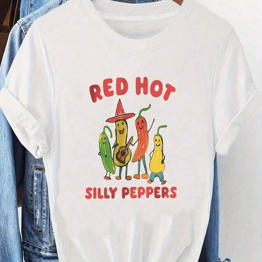 Nueva Camiseta de Moda para Mujer, Cuello Redondo, Oversize, Manga Corta, con Estampado Divertido de Pimientos Antropomórficos Coloridos, RED HOT SILLY PEPPERS, Blanca, Lavable aáquina, para Primavera, Verano y Viajes. Camiseta Casual de Manga Corta Estampada para Mujer, Cuello Redondo, para Uso Diario y Viajes. Diseño versátil de algodón, listo para el verano. - Blanco - Ver 1