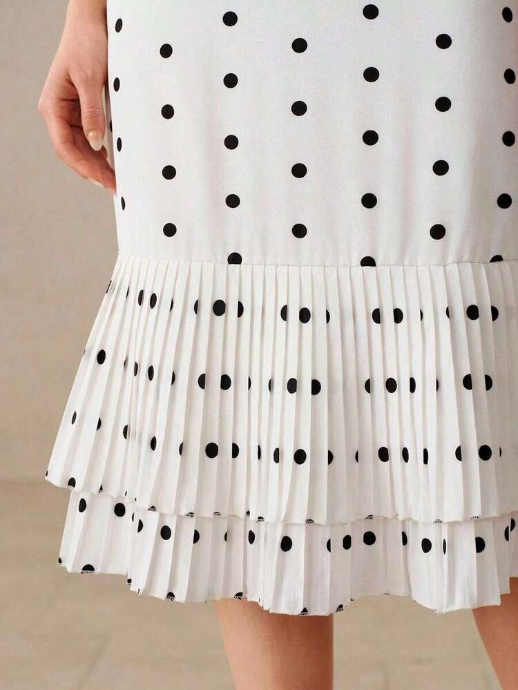 Vestido casual sin mangas con cuello redondo, cintura ceñida y dobladillo con volantes de doble capa con estampado de lunares para mujeres - Negro - Añade 5