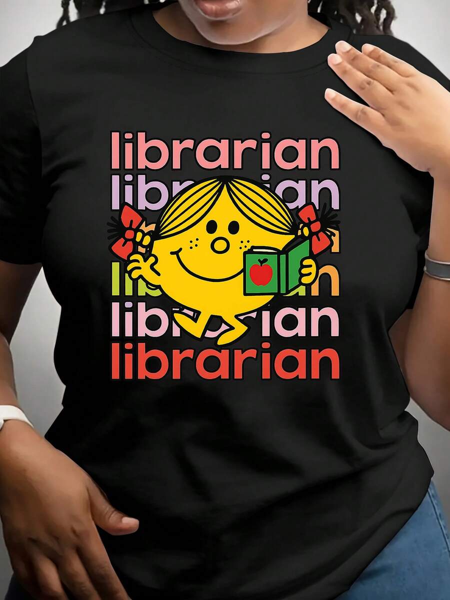 Camiseta de mujer, camiseta con diseño de bibliotecaria - divertido diseño de bibliotecaria con libros y manzanas, tela suave y elástica, top casual de manga corta y cuello redondo, adecuada para el Día del Maestro, eventos de lectura, resistente para uso diario. - Negro - Ver 1