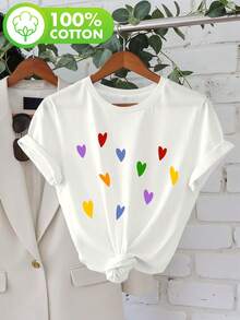 Blusa Casual de Manga Corta con Estampado de Corazones Coloridos para Mujer Talla Grande, Cuello Redondo - Blanco - Ver 2