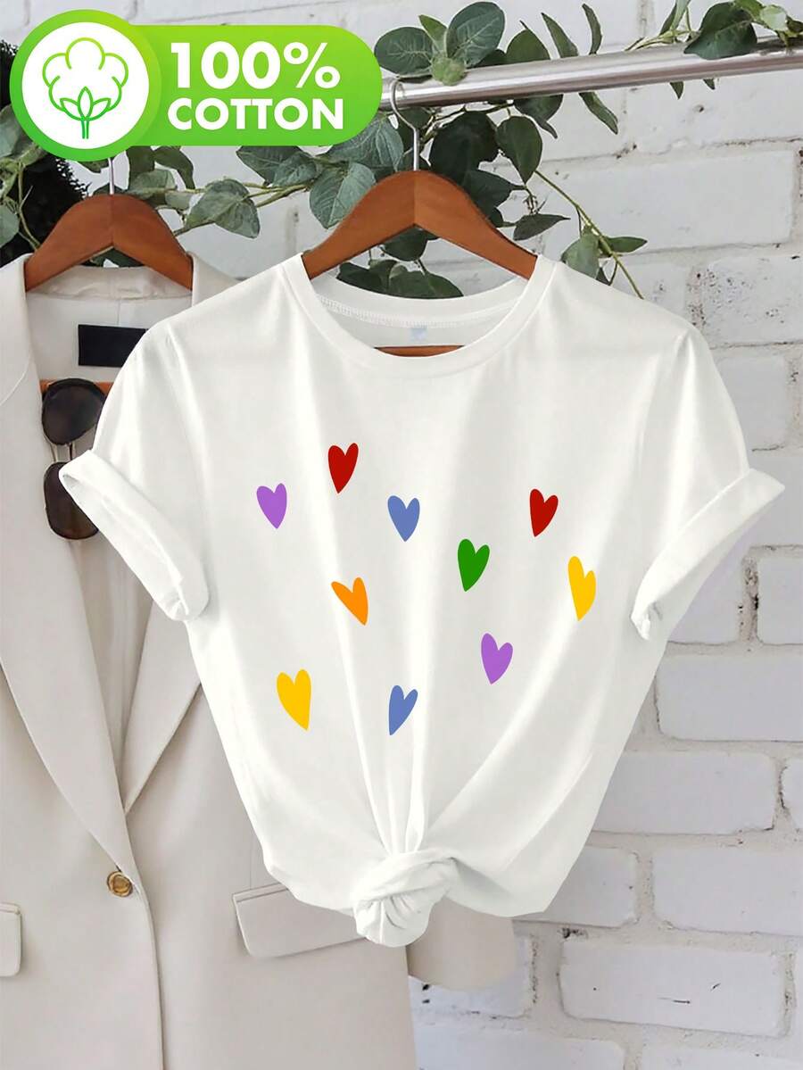 Blusa Casual de Manga Corta con Estampado de Corazones Coloridos para Mujer Talla Grande, Cuello Redondo