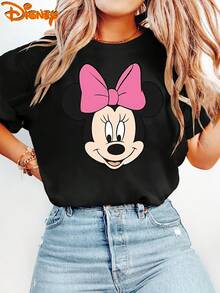 Ladies' Disney Short-Sleeve T-Shirt Featuring A Sweet Cartoon Minnie Mouse With A Big Bow And Double-Sided Print. This Round-Neck Summer Top Is Suitable For Spring, Summer, And Autumn, Perfect For A Disney Trip - màu đen - Xem 2
