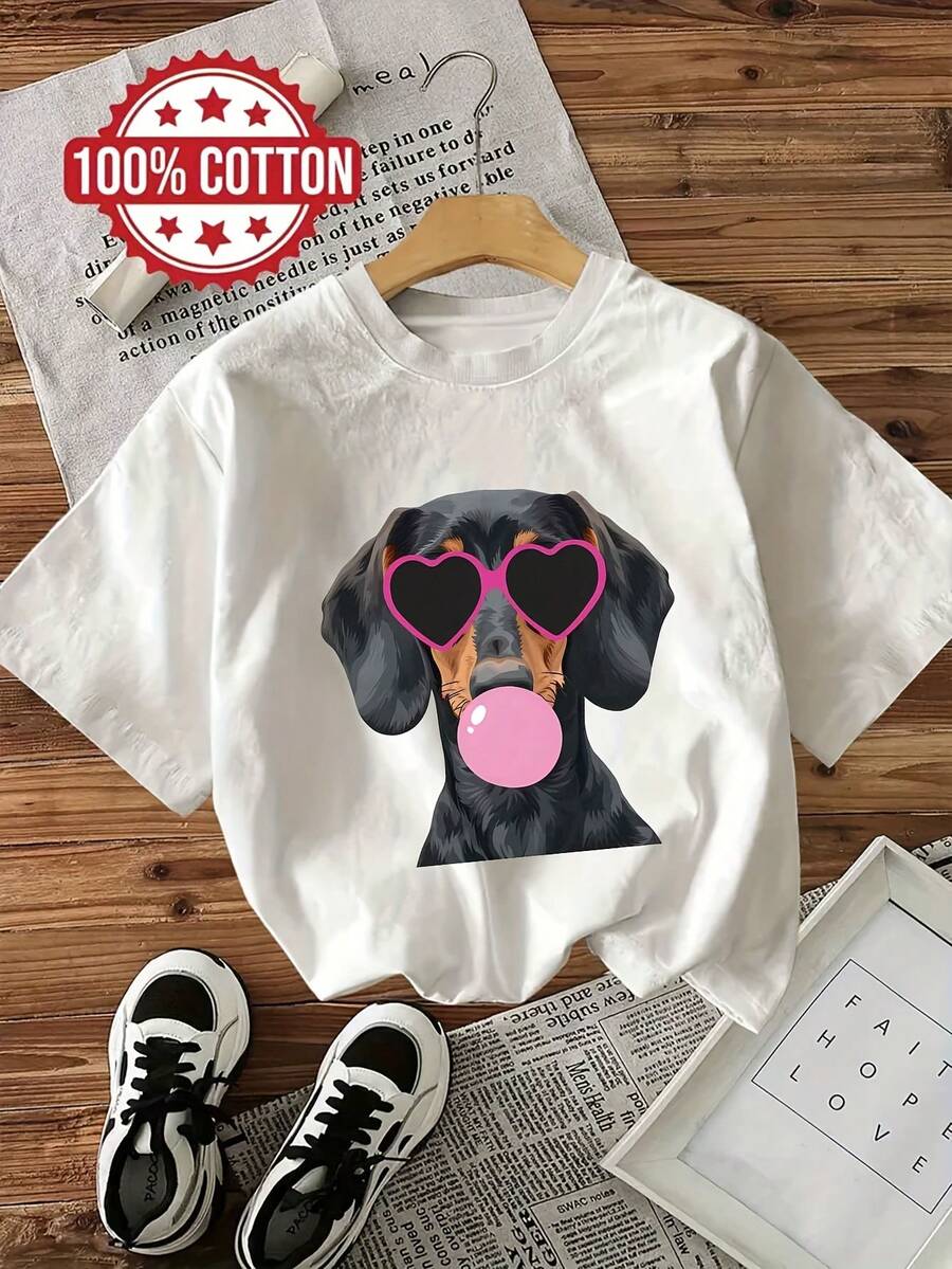 Camiseta de Verano con Estampado Puro de Dachshund Lindo y Moderno, Cuello Redondo y Manga Corta