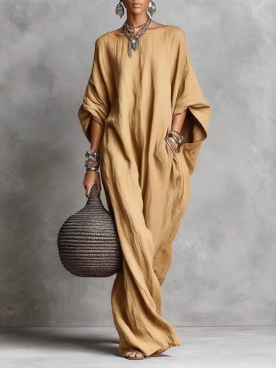 Elegant Solid Color Casual Maxi Dress, European American Retro Style 2026, Women's Long Sleeve Off-Shoulder - 卡其色 - 查看 1