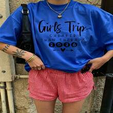100% Cotton Oversized Heartfelt Graphic T Shirt And Red Gingham Shorts Outfit Cute Aesthetic Soft Breathable Crewneck Short Sleeve Top Summer Casual Set For Women Daily Look - Azul - Ver 2