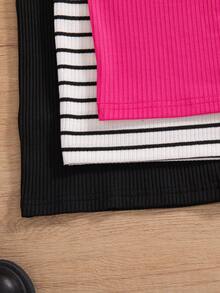 Conjunto de 3 piezas para niñas preadolescentes, vestido ajustado sin mangas con cuello halter de unicolor y textura acanalada - Rosa Fucsia - Ver 10