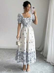 xheElenzga Vestido casual/de trabajo de manga corta con cuello cuadrado y cintura ceñida en línea A con estampado para mujerxhe - Azul y blanco - Ver 7