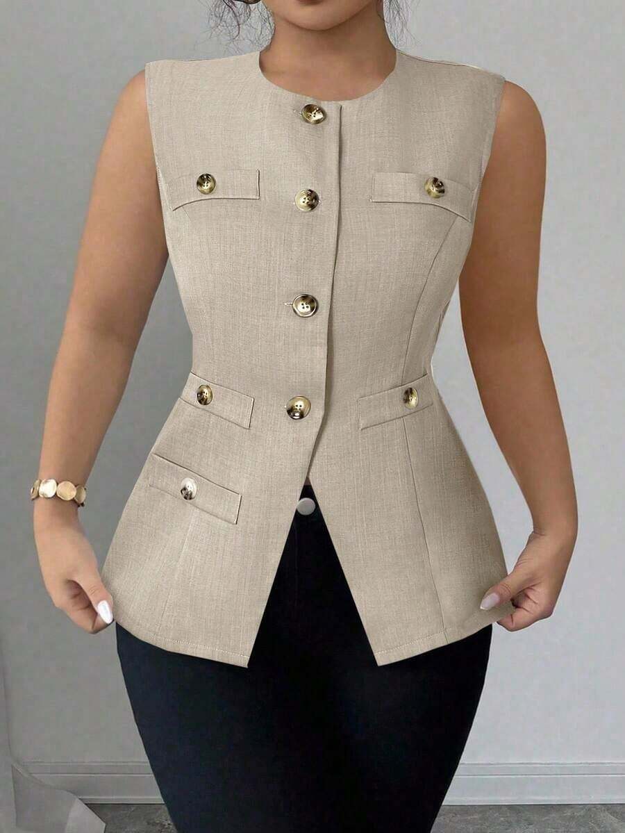 ajustado de estilo francés minimalista, versátil y cómodo con abertura frontal, adelgazante, blazer de verano para mujer de talla grande de tejido tejido elegante y sofisticado - Caqui - Ver 1