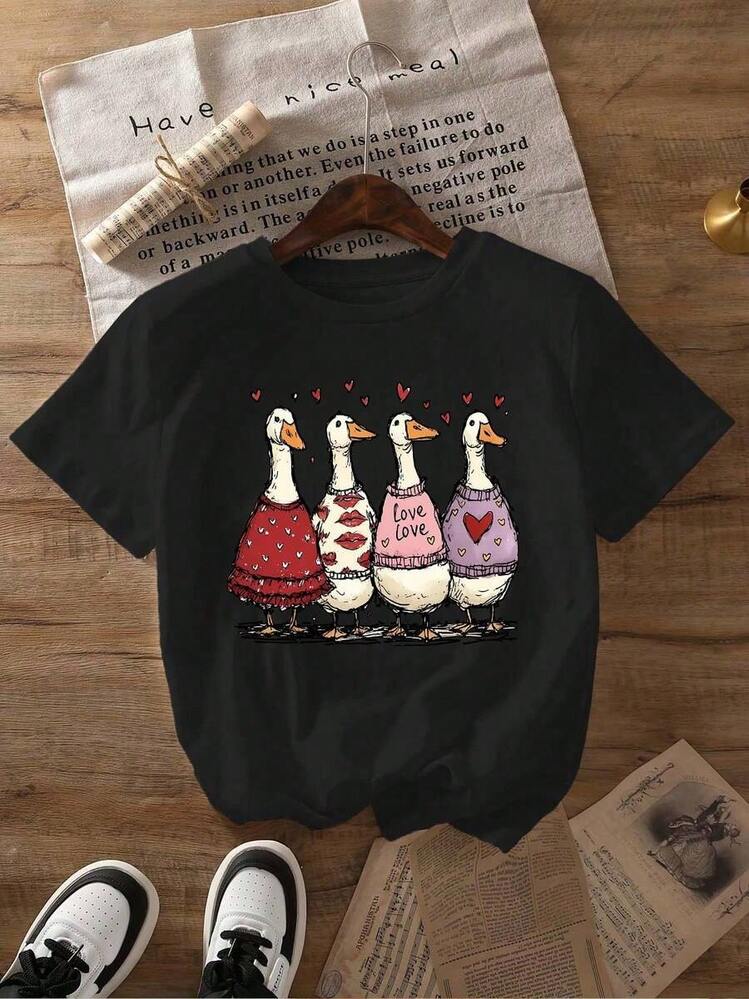 Women's Casual Short Sleeve T-Shirt With Duck Print For Valentine's Day, Breathable And Comfortable - 黑色 - 查看 2