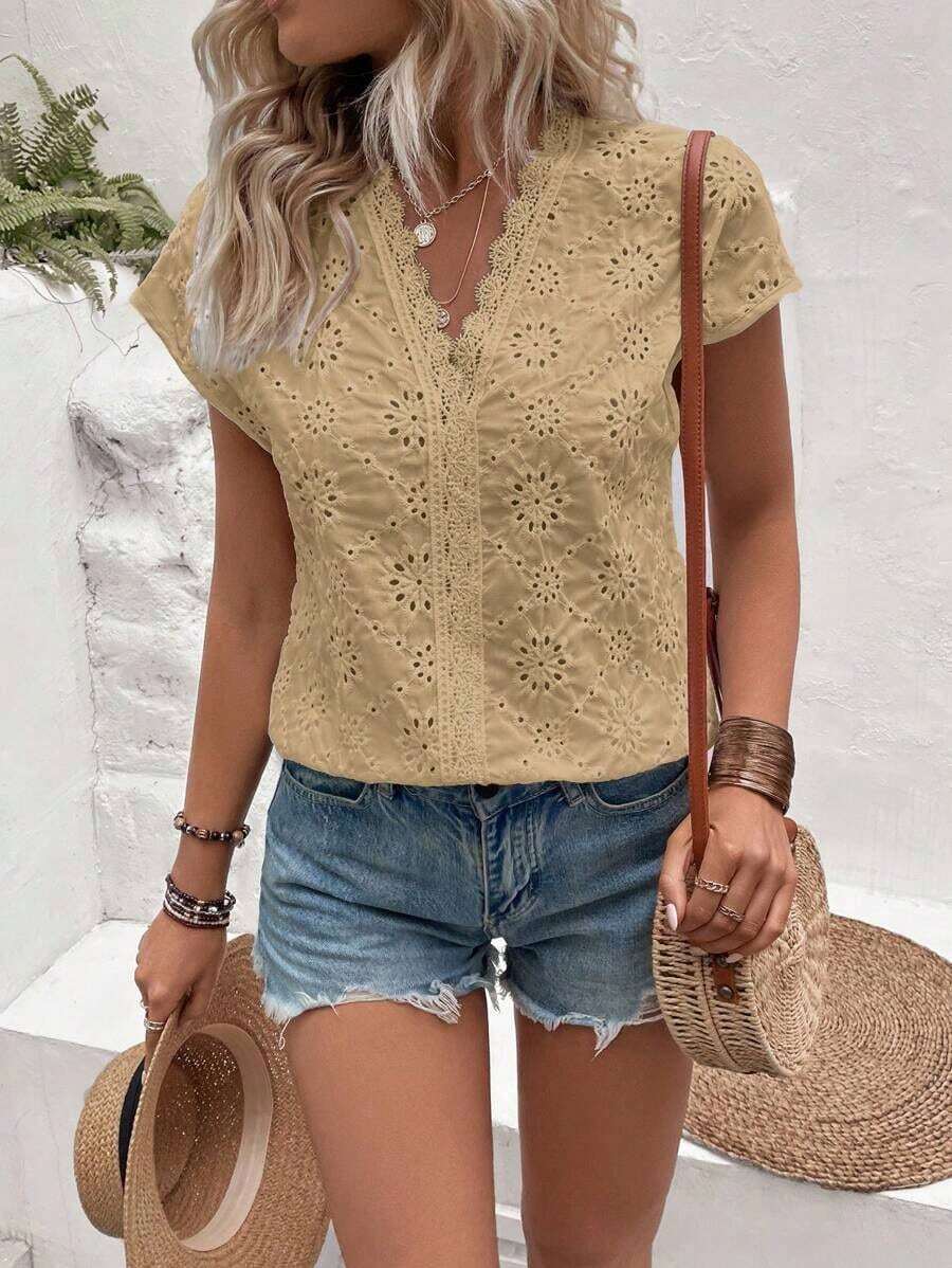 Blusa con bordado con ojal con encaje en contraste de manga murciélago - Albaricoque - Ver 1