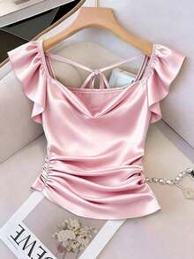 Camiseta de mujer con escote pronunciado, elástica, de satén plisada, ajustada, sexy, con espalda descubierta y manga corta asimétrica, para primavera/verano - Rosa - Ver 11