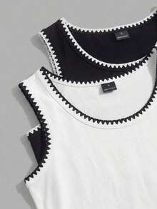 2 piezas de camiseta de tirantes de mujer de ajuste ceñido con estampado minimalista de letras de California en negro y blanco - 95% algodón, para primavera y verano, uso en todas las estaciones, vuelta al colegio, ropa de casa y deporte, estilo re - Blanco y Negro 2 - Ver 3