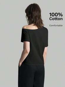 2026SS Nueva Blusa de Mujer de unicolor con Hombros Descubiertos, Uso Casual Diario, Camiseta de Manga Corta Holgada, Blusas de Verano para Mujer, Casual de Negocios, Vacaciones, Playa, Fiesta de Cumpleaños, Atuendo de Maestra, Regreso a Clases - Negro - Ver 2