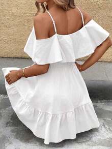 Vestido corto elegante de mujer con cuello en V, volantes, cintura y línea A, con estampado de lunares marrones y hombros descubiertos - Blanco - Ver 8
