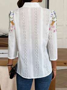Clasi Blusa elegante con bordado, corte láser y estampado floral abombado informal para mujer, camisa de mujer para primavera y verano - Multicolor - Ver 2
