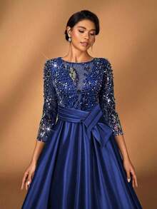 y lujoso vestido de manga larga transparente con bordado de encaje floral, con perlas y lazo con diamantes, con vuelo.Adecuado para boda, fiesta, vacaciones, baile de graduación, vestido de noche para novia, madre de la novia - Azul marino - Ver 6