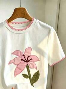 Camiseta de mujer casual de vacaciones con estampado tropical de bloques de color y rayas - Blanco 6 - Ver 5