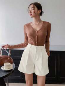 Pantalones cortos de mujer de cintura alta con bolsillos y plisados, de unicolor, para el verano - Blanco - Ver 4