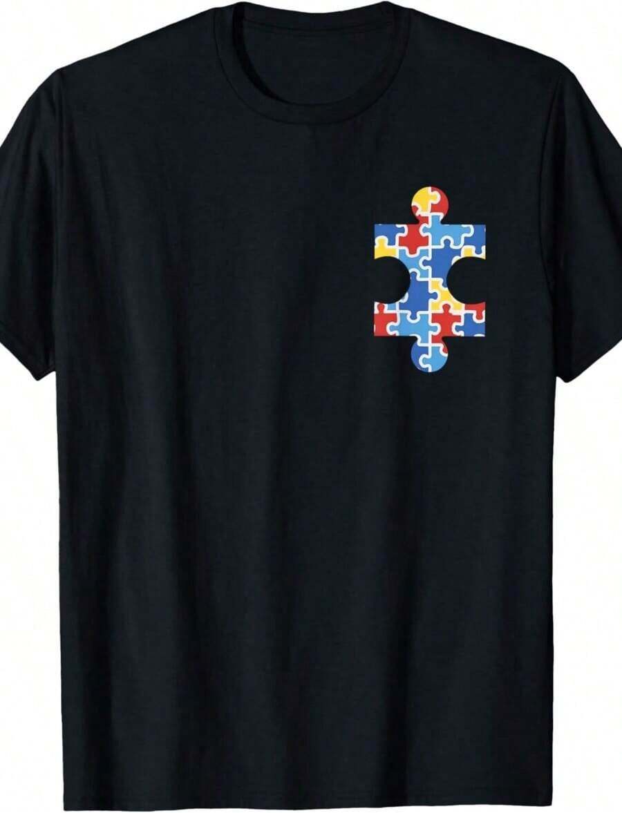 1 Autism Awareness T-Shirt, "Accept, Understand, Love" T-Shirt, Autism Heart Sweatshirt, Puzzle Piece Design T-Shirt, Gift For Teachers, Hoodie For Special Education Teachers, Gift For Mom. Casual Fabric 180g 100% Cotton - 黑色 6 - 查看 1