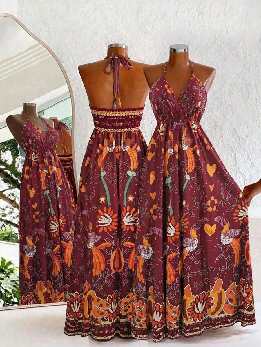 xheLalippa Vestido con estampado floral, cordones y espalda descubierta para resort de mujerxhe - Burdeos - Ver 1