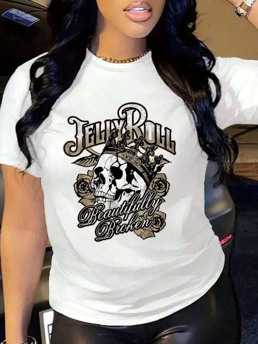 Soft And Simple Short-Sleeved T-Shirt For Women, Retro Jelly Roll Print Tee - Casual Crew Neck Short-Sleeved Tee With Skull And Crown Design, Perfect For Spring And Summer. Letter Print, Soft And Comfortable Everyday Casual Top. - 白色的 - 查看 1