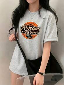 [Bestseller] Camiseta de Verano para Mujer de Manga Corta con Diseño Elegante, Corte Holgado, Estampado de Dibujos Animados, Algodón Puro, Cómoda y Suave, Camiseta de Algodón para Uso Diario. - gris moteado - Ver 2