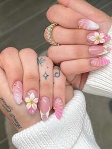 10 chiếc móng tay giả dán sẵn hình hạnh nhân bóng thủ công, móng acrylic giả gradient hồng với trang trí hoa 3D & đá rhinestone, phong cách coquette ngọt ngào, làm thon tay & nhẹ, dùng hàng ngày & hẹn hò, nghệ thuật móng hoa bán chạy - Hồng - Xem 2