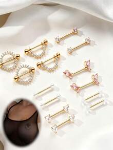Bộ 7 khuyên ngực 14G – Khuyên thẳng bằng thép không gỉ đính đá CZ, mạ vàng và bạc, hình bướm, trái tim, hình tròn, màu hồng – Trang sức xỏ khuyên ngực dành cho nữ - Nhiều màu - Xem 1