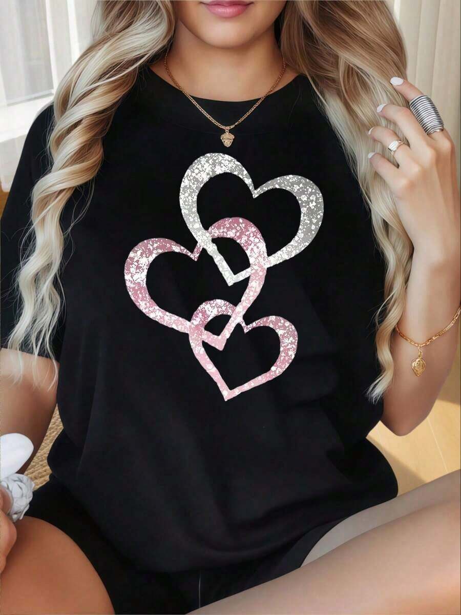 Women's T-Shirt With A Round Neck And Short Sleeves, Featuring A Fun Glitter Heart Print. This Casual, Loose-Fitting Top With A Fashionable Graphic Design Is Perfect For Everyday Wear. Suitable For Valentine's Day, Christmas, Parties, Sports Activities, Holidays, Outings, And Other Festive Occasions. - 黑色 - 查看 1
