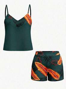 2 piezas Conjunto de top de tirantes y shorts estampados con plantas para mujeres - Verde Oscuro - Ver 3