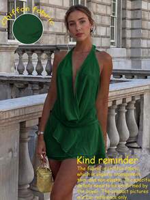 2026 Spring/Summer New Fashion Chiffon Draped Neck Low-Cut Multi-Layer Ruffle Tie-Front Backless Mini Dress, Suitable For Beach, Elegant, Sexy, Vacation, Beach, Hawaii, Date, Party, Music Festival, Graduation Ceremony, Prom - Green - View 4