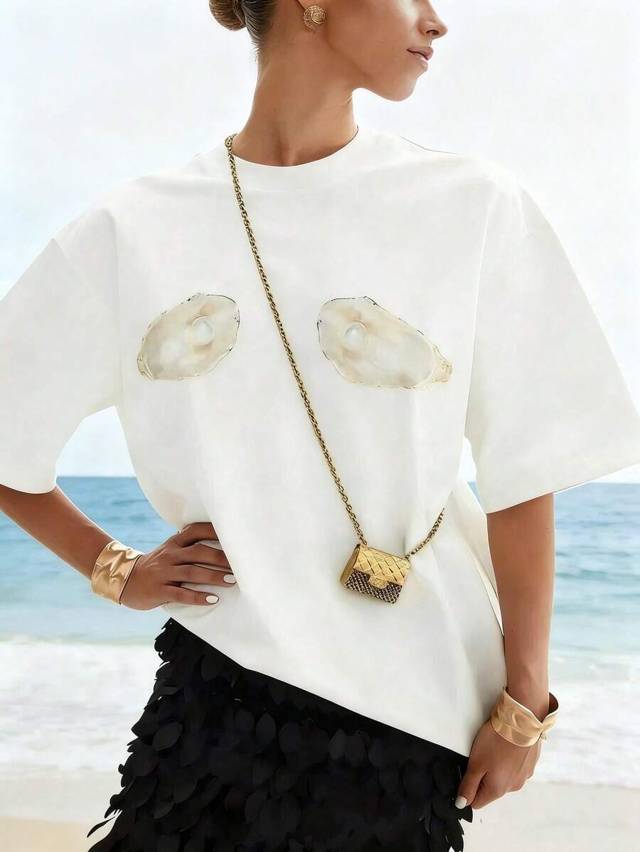 Women's Tropical Shell Print Casual T-Shirt - High Elasticity Top,Summer Beachwear, All-Season Comfortable Fit, Vacation Outfits For Women - 白色3 - 查看 1