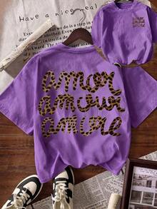Women's "More Love" Leopard Print Round Neck Short Sleeve T-Shirt, Casual, Black, For Summer, Autumn/Back To School. - 修剪 - 查看 6