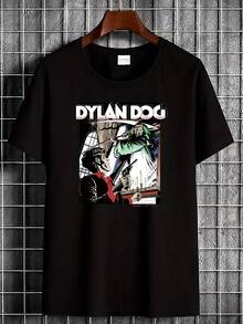 Unisex Dylan Dog Logo Print T-Shirt, Retro 90s Italian Comic Book Style, Soft, Suitable For All Seasons, A Must-Have Urban Casual Fashion Item, Versatile For All Seasons, Affordable For Everyday Wear And A Perfect Christmas Gift For Fans And Friends. Urban Style,  Fashion, Outdoor Wear, Vacation Outfit, Warm Weather Clothing, Summer Casual Wear, Party Outfit, Ideal For Parties And Family Vacations, Everyday Wear. - 黑色 - 查看 7