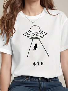 Crew Neck T-Shirt With UFO Print, Casual Loose Fit, Minimalist Design, Simple Line Graphic Art With Alien And Flying Saucer, Gye Text Detail, Women's Streetwear, Everyday Wear, 180g Cotton Blend. - 白色 - 查看 5
