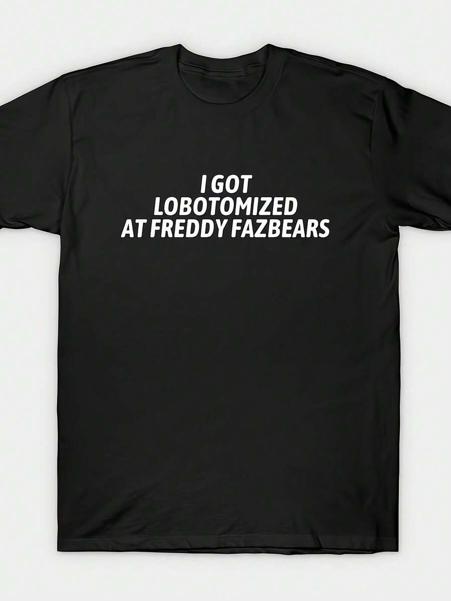 I Had A Lobotomy, According To A Funny Freddy Fazbear Meme, Short Sleeve T-Shirt For Daily Activities, Round Neck, Short Sleeve - Versatile, PLUS SIZE, Humor Clothing, Casual Wear, Graphic T-Shirt, Pop Culture T-Shirt. - 黑色 - 查看 1