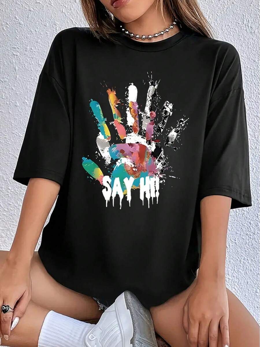 Camiseta suave 100% algodón para mujer, talla grande, con diseño de huella de mano de artista de grafiti, estilo informal y corte holgado. Camiseta de algodón transpirable, combina con todo. - Negro - Ver 1