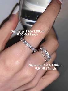 2件裝優雅奢華立方鋯石開口銅戒指，適合女性日常、派對與婚禮穿著 - 銀色 - 查看 7