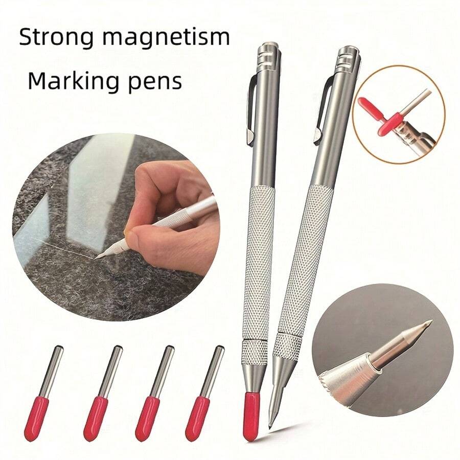 Bộ 5 món (1 bút đánh dấu từ tính mạnh + 4 đầu thay thế) Bút đánh dấu từ tính mạnh có thể thay thế đầu, làm bằng thép vonfram, thích hợp để đánh dấu trên thủy tinh, gốm sứ, ngọc và các vật liệu khác. - Cái bút - Xem 1