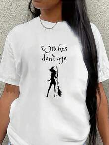 Short-Sleeved T-Shirt With A Witch Motif, Lightweight And Durable, Suitable For Wearing At Home Or At Casual Parties, Ideal For Halloween. Casual Blouse For Women. - 白色 - 查看 1