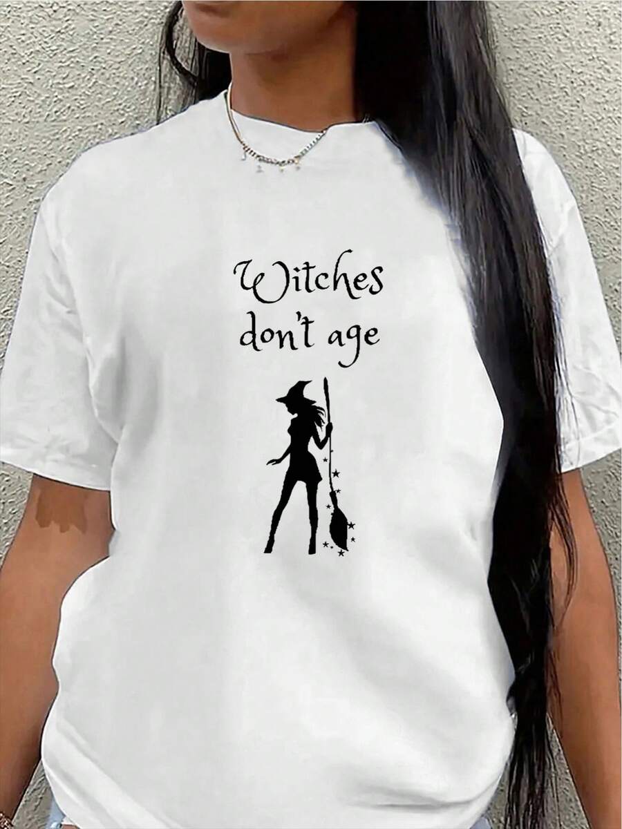 Short-Sleeved T-Shirt With A Witch Motif, Lightweight And Durable, Suitable For Wearing At Home Or At Casual Parties, Ideal For Halloween. Casual Blouse For Women. - 白色 - 查看 1